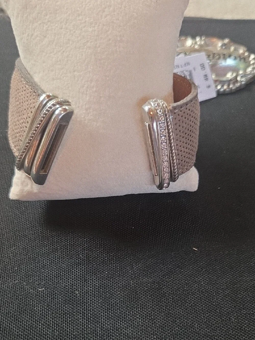 Brighton Taupe Perforated Suede Bracelet with Silver Rhinestone Rings